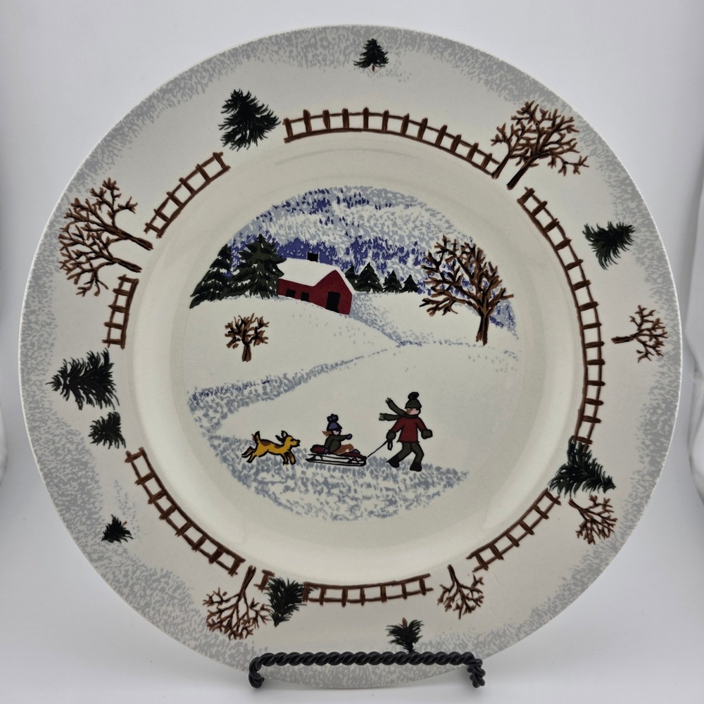 Folkcraft Stoneware Winter Side Plate Sledding Dog‎ Barn Scene Microwave Safe
